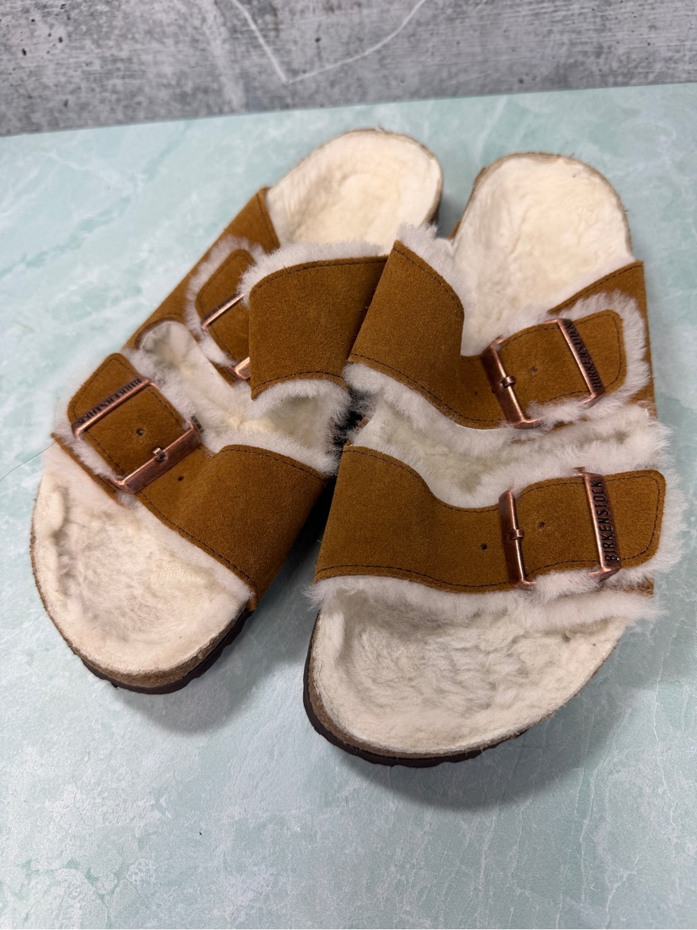 Birkenstock Women's Arizona Shearling Sandal 39 US 8-8.5 Brown and Cream